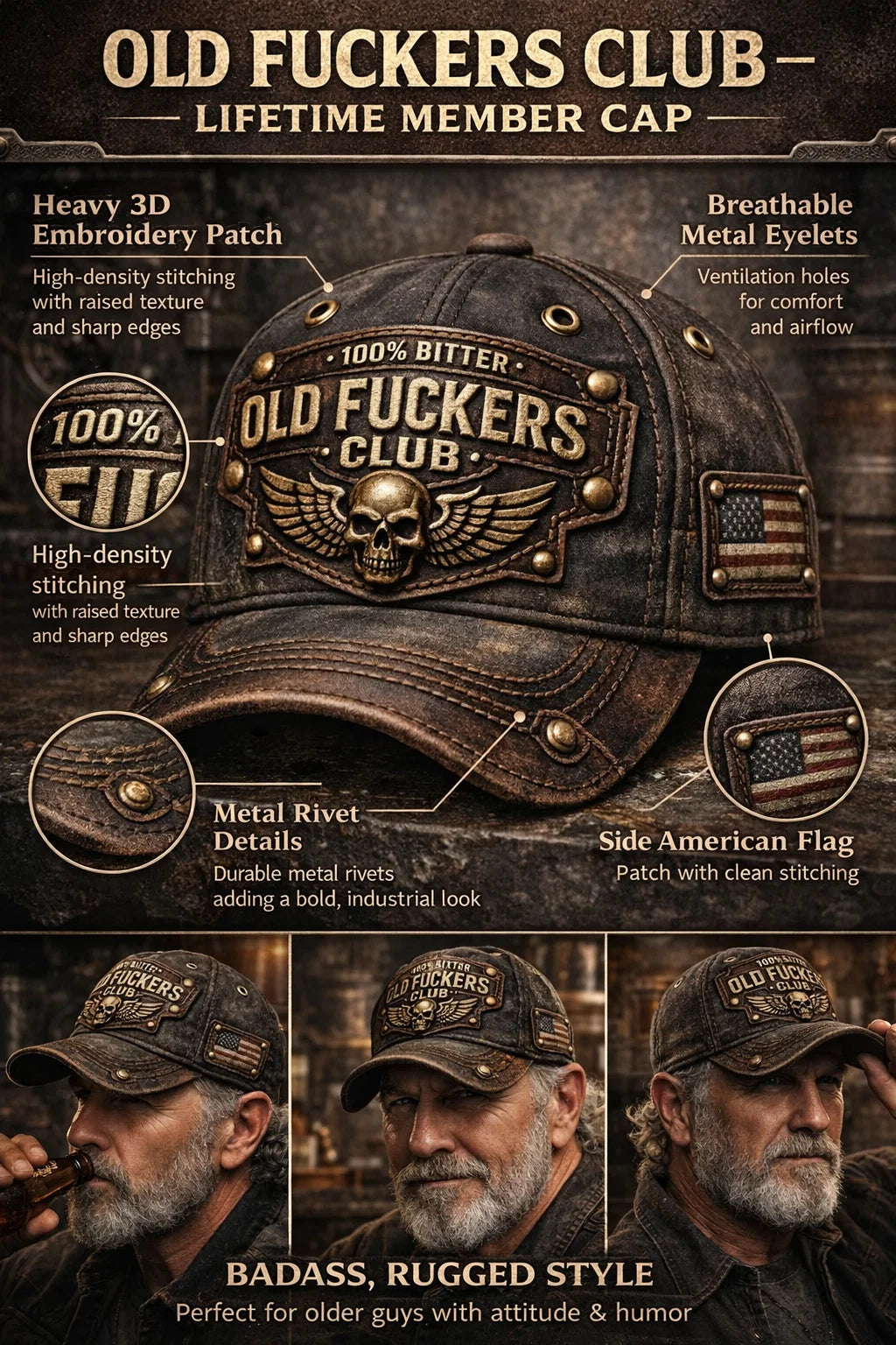 🏆Flash Sale 60% OFF - ❤️Old Fuckers Club-Handmade Vintage Baseball Cap🎁-BUY 3 FREE SHIPPING