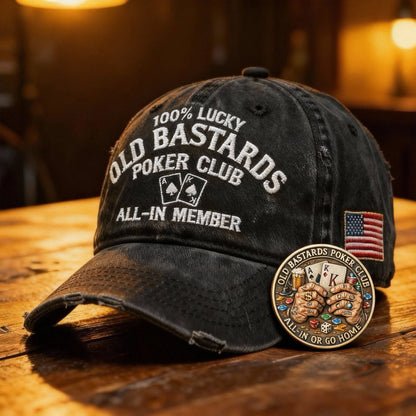 Old Bastards Poker Club™ Vintage Hat & Lucky Challenge Coin – All-In Member Gift Set