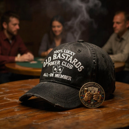 Old Bastards Poker Club™ Vintage Hat & Lucky Challenge Coin – All-In Member Gift Set