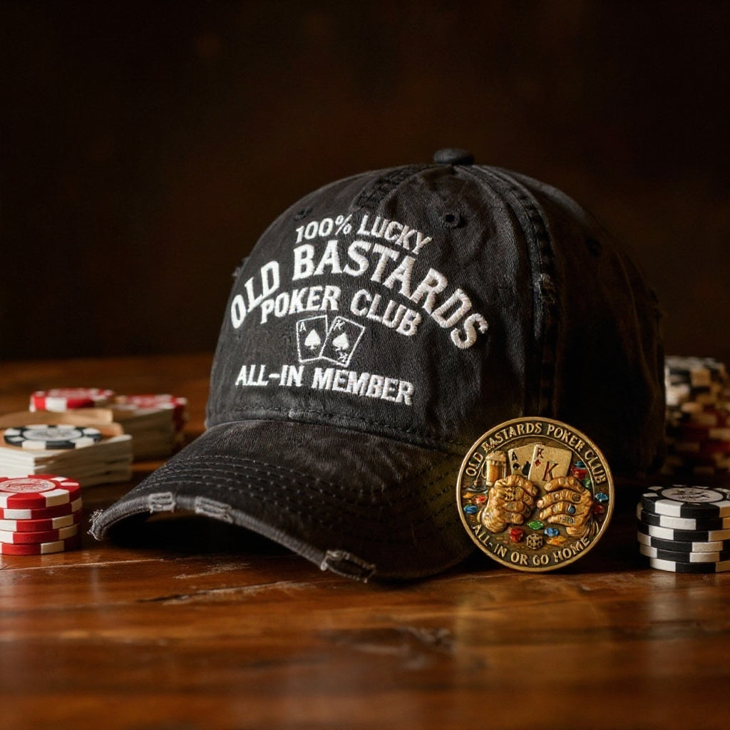 Old Bastards Poker Club™ Vintage Hat & Lucky Challenge Coin – All-In Member Gift Set