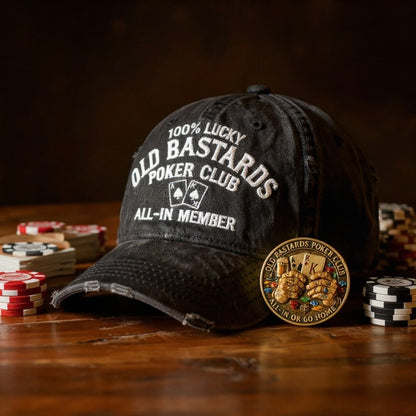 Old Bastards Poker Club™ Vintage Hat & Lucky Challenge Coin – All-In Member Gift Set