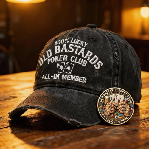 Old Bastards Poker Club™ Vintage Hat & Lucky Challenge Coin – All-In Member Gift Set