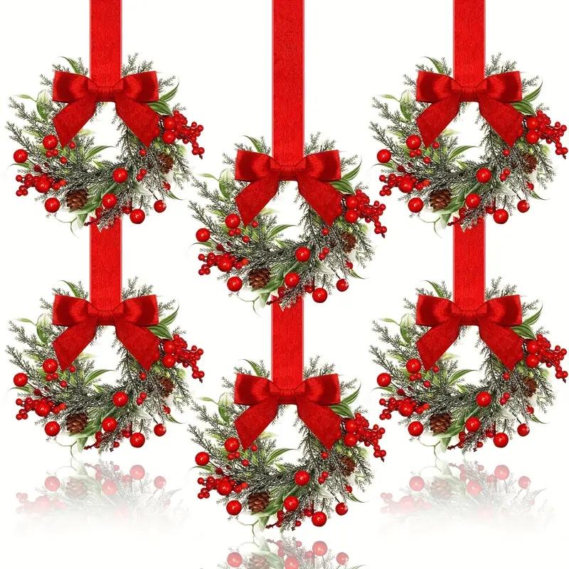 🎅Early Christmas Sale-🎄6-Pack Christmas Mini Window Wreaths with Ribbon Bows & Red Berries